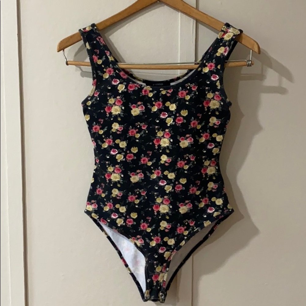 Forever 21 Black Floral Bodysuit, Small